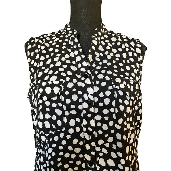 Notations Medium Sleeveless Tunic Top Black White Pattern Mandarin Neck Pocket - Picture 4 of 11